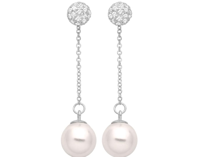 Pave Cz Ball & Shell Pearl 3.5cm Chain Drop Earrings Rhodium Plated 925 Sterling Silver
