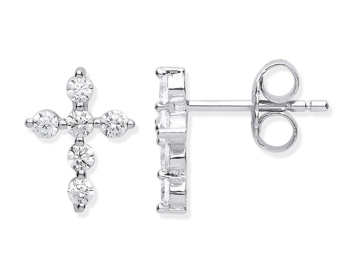 925 Sterling Silver Small 8x6mm Cz Cross Stud Earrings