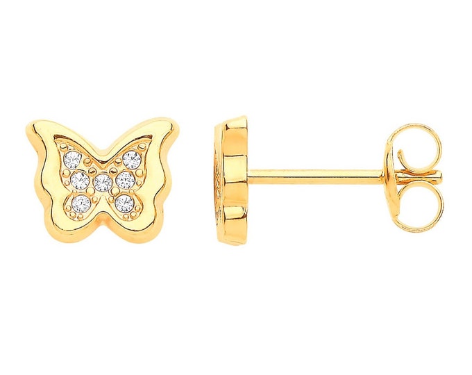 9ct Yellow Gold Pretty 7x5mm Butterfly Stud Earrings With Cz Stones- Real 9K Gold