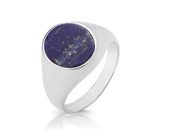 Silver 12x10mm Oval Real Lapis Lazuli Signet Ring