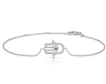 Sterling Silver Blue Evil Eye Cz Set Hamsa Hand 7" Bracelet Rhodium Plated