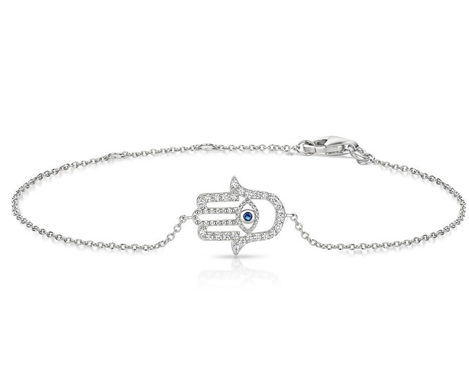 Sterling Silver Blue Evil Eye Cz Set Hamsa Hand 7" Bracelet Rhodium Plated