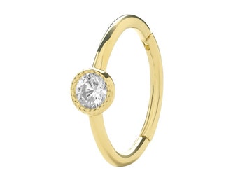9ct Yellow Gold 9mm Diameter Bezel Rubover Cz Hinged Cartilage Single Hoop Earring - Real 9K Gold