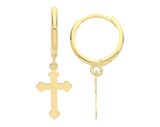 9ct Yellow Gold 10mm Hinged Hoop Earrings With Cross Drop Charms - Real 9K Gold