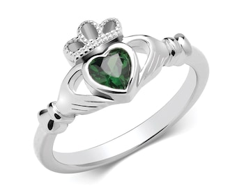 925 Sterling Silver Ladies 2.3mm Band Irish Claddagh Green Cz Heart Ring Rhodium Plated