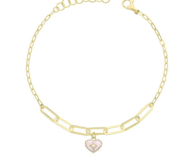 9ct Yellow Gold White Enamel Heart North Star 7.5" Bracelet - Solid 9K Gold Hallmarked