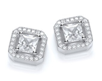 925 Sterling Silver Micro Pave Halo Princess Cz Square Stud Earrings