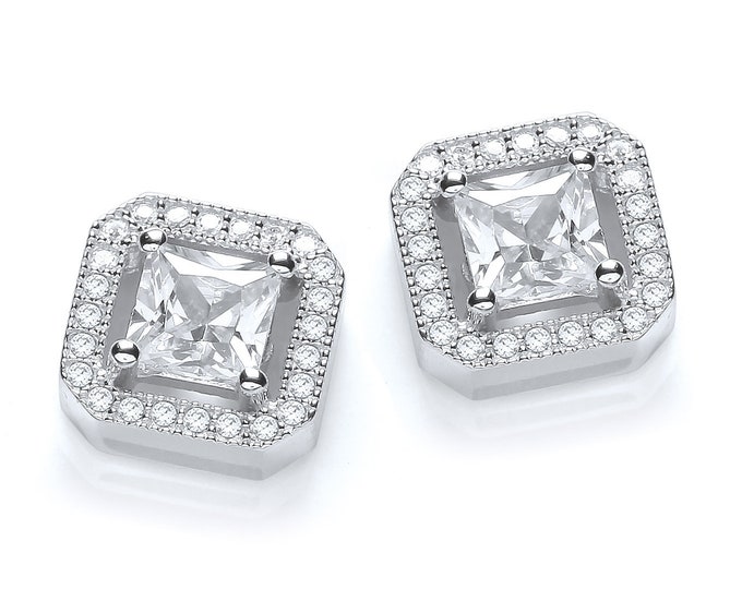 925 Sterling Silver Micro Pave Halo Princess Cz Square Stud Earrings