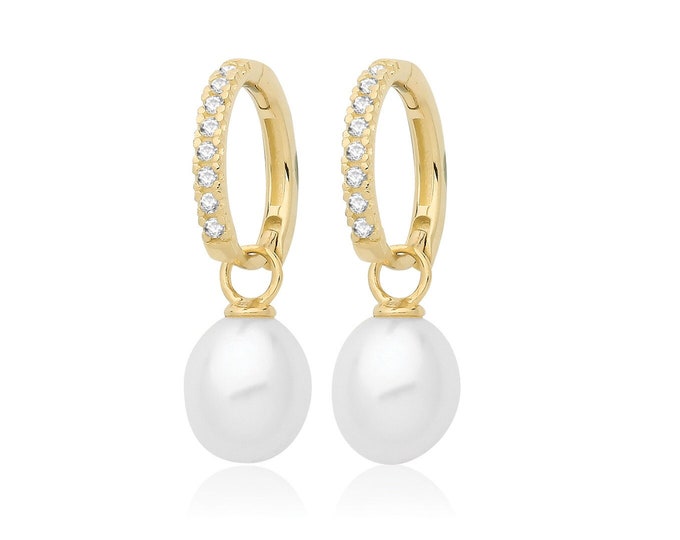 9ct Gold 9mm Hinged Pave Cz Hoop With White Fresh Water Pearl Drop Earrings Hallmarked - Real 9K Gold