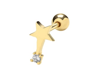 9ct Yellow Gold 5 Point Shooting Star Cz Helix Cartilage 6mm Bar Single Stud Screw Back Earring - Real 9K Gold
