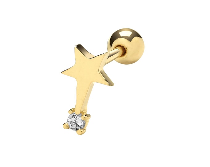 9ct Yellow Gold 5 Point Shooting Star Cz Helix Cartilage 6mm Bar Single Stud Screw Back Earring - Real 9K Gold