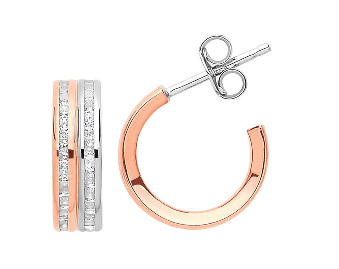 9ct Rose & White Gold 10mm diameter 2 Row Channel Set Cz Half Hoop Earrings- Real 9K Gold