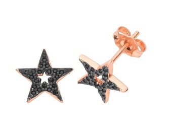 Rose Gold on 925 Sterling Silver 8mm Pave Black Cz Celestial Star Stud Earrings