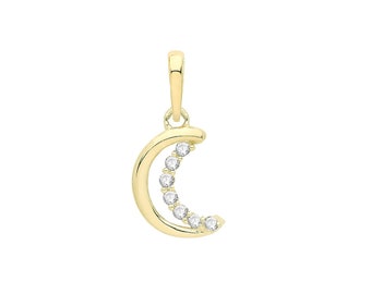 Small 9ct Yellow Gold 6x5mm Crescent Cz Moon Charm Pendant - Real 9K Gold