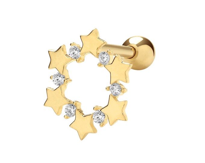 9ct Yellow Gold Cz Star Wreath Helix Cartilage 6mm Bar Single Stud Screw Back Earring - Real 9K Gold