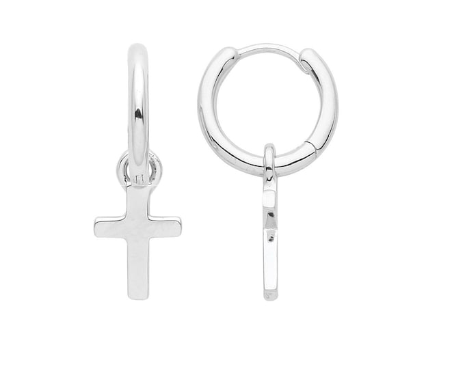 Pair of 925 Sterling Silver 8mm Hinged Hoop Earrings With Cross Drop Charm Rhodium Plated