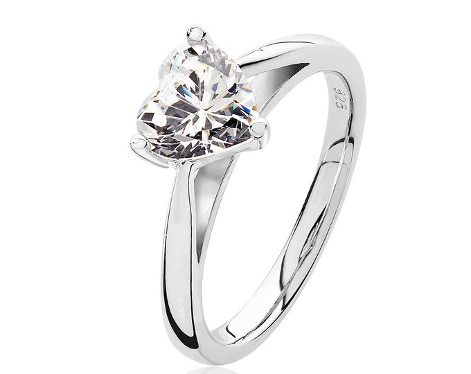 Rhodium Plated 925 Sterling Silver 3 Claw 7mm Solitaire Heart Shaped Cz Engagement Ring