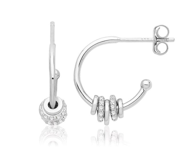 925 Sterling Silver 10mm Hoop Earrings With Plain & Pave Cz Beaded Disc Charms Rhodium Plated
