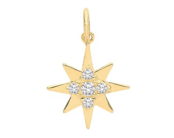 9ct Yellow Gold Cz Cluster Set 12mm Eight Point Star Design Pendant - Real 9K Gold