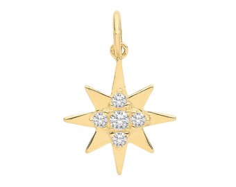 9ct Yellow Gold Cz Cluster Set 12mm Eight Point Star Design Pendant - Real 9K Gold