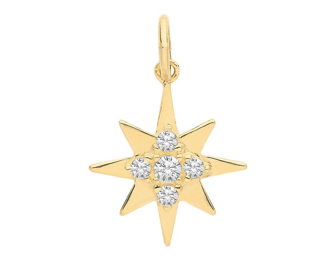 9ct Yellow Gold Cz Cluster Set 12mm Eight Point Star Design Pendant - Real 9K Gold