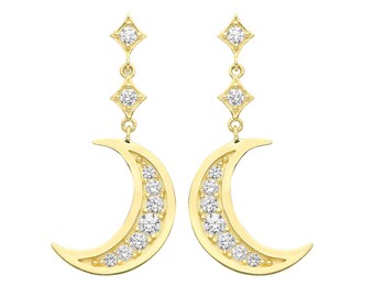 9ct Yellow Gold Pave Cz Moon 2.5cm Drop Earrings - Real 9K Gold