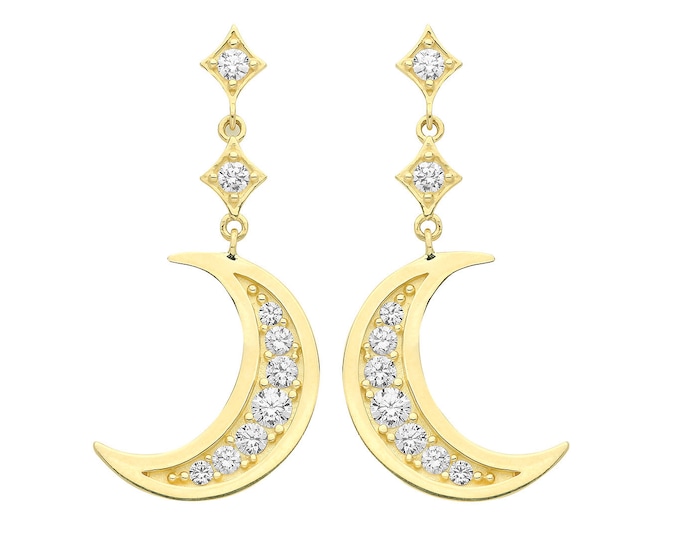 9ct Yellow Gold Pave Cz Moon 2.5cm Drop Earrings - Real 9K Gold