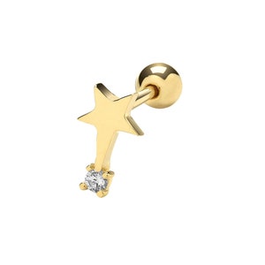9ct Yellow Gold 5 Point Shooting Star Cz Helix Cartilage 6mm Bar Single Stud Screw Back Earring - Real 9K Gold
