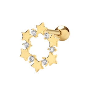 9ct Yellow Gold Cz Star Wreath Helix Cartilage 6mm Bar Single Stud Screw Back Earring - Real 9K Gold