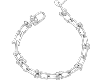 Ladies Chunky Polished 925 Sterling 7mm Beaded U Link 7.5" Bracelet Hallmarked