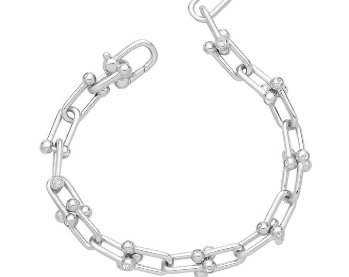 Ladies Chunky Polished 925 Sterling 7mm Beaded U Link 7.5" Bracelet Hallmarked