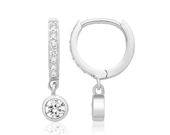 925 Sterling Silver 10mm Diameter Pave Cz Hinged Huggies Hoop Earrings With Cz Charm