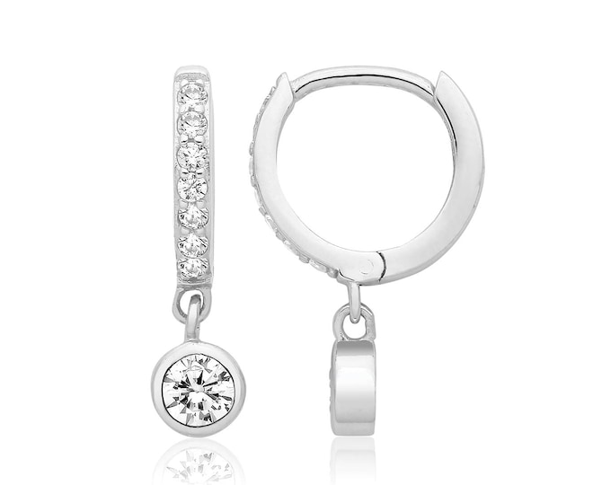 925 Sterling Silver 10mm Diameter Pave Cz Hinged Huggies Hoop Earrings With Cz Charm