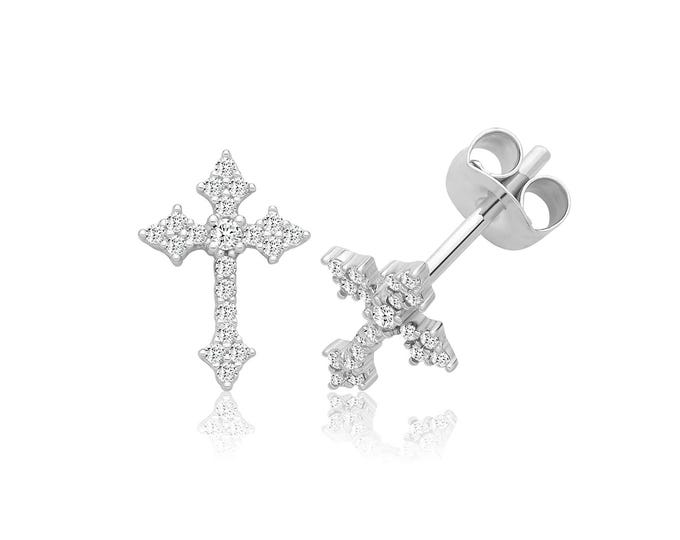 Silver 925 Pave Cz Cross Stud Earrings 12x8mm