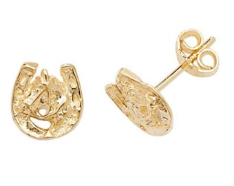 9ct Yellow Gold 8mm Horse Head & Horseshoe Equestrian Stud Earrings- Real 9K Gold