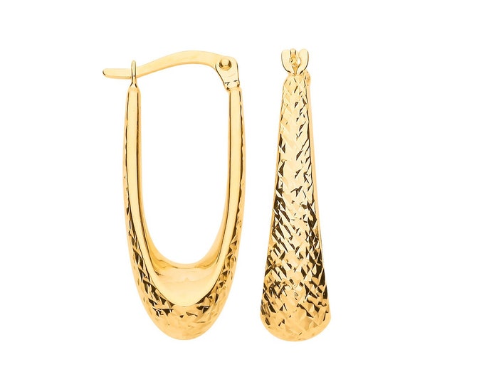 9ct Yellow Gold Diamond Cut Pattern Chunky Elongated Oval 28x11mm Hoop Earrings - Real 9K Gold