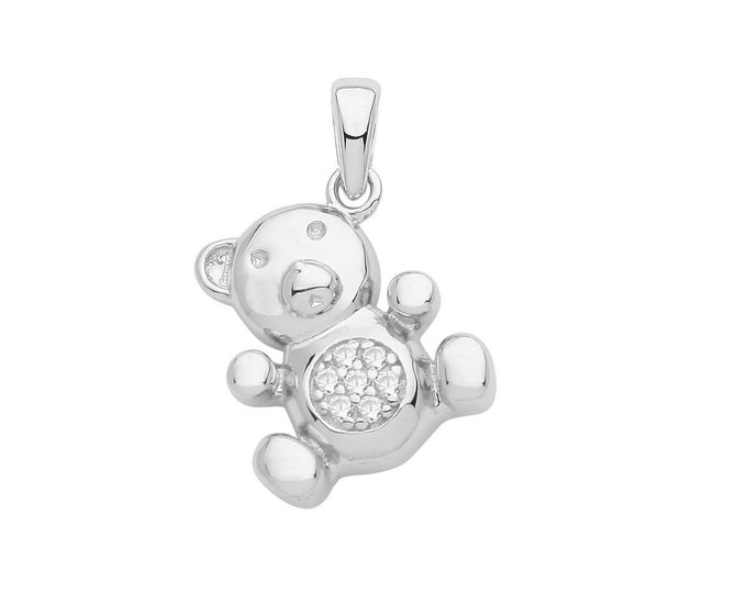 Rhodium Plated 925 Sterling Silver Pave Cz  Set 12x10mm Teddy Bear Charm Pendant