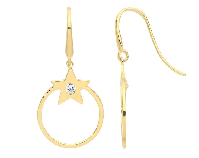 9ct Yellow Gold Cz Star 10mm Circle Hook Drop Earrings - Real 9K Gold