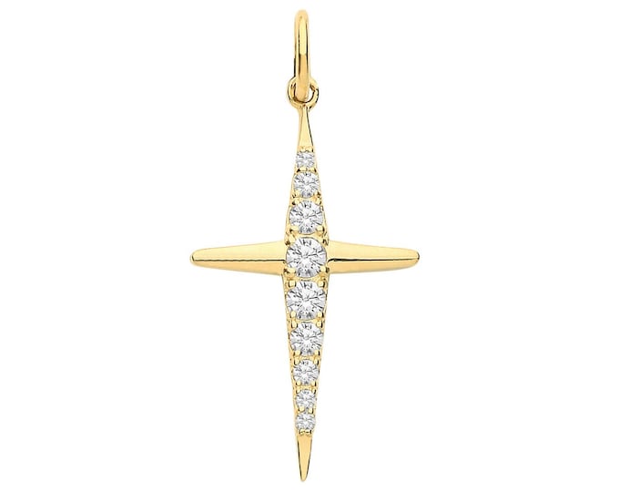Contemporary 9K Yellow Gold 2cm Claw Set Cz Cross Pendant - Real 9K Gold