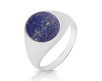 Silver 14x12mm Oval Real Blue Lapis Lazuli Signet Ring