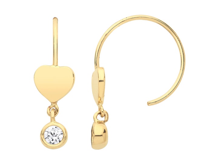 9K Yellow Gold 10mm Threader Hoop Earrings With 4mm Heart Cz Droplet Charm - Real 9K Gold