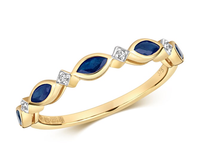 9ct Yellow Gold 1.5mm Marquise Blue Sapphire & Diamond Wreath Eternity Ring Hallmarked - Real 9K Gold