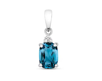 9K White Gold 0.02ct Diamond 6x4mm Cushion Cut London Blue Topaz Pendant