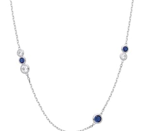 925 Sterling Silver 9 Bezel Set Clear & Blue Cz by the Yard 18" Necklace
