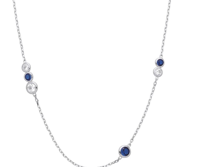 925 Sterling Silver 9 Bezel Set Clear & Blue Cz by the Yard 18" Necklace