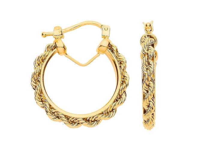 9ct Yellow Gold 20mm Diameter Rope Chain Hoop Earrings - Real 9K Gold - Hallmarked