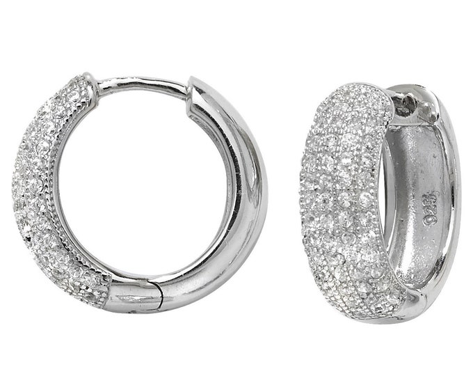 925 Sterling Silver 15mm Diameter Pave Cz Hinged Huggies Hoop Earrings