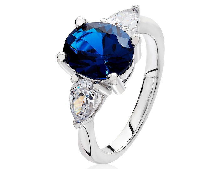 925 Sterling Silver 3 Stone 10x8mm Blue Sapphire Cz Oval & 6x4mm Pear Cz Engagement Ring