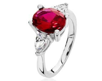 925 Sterling Silver 3 Stone 10x8mm Red Cz Oval & 6x4mm Pear Cz Engagement Ring