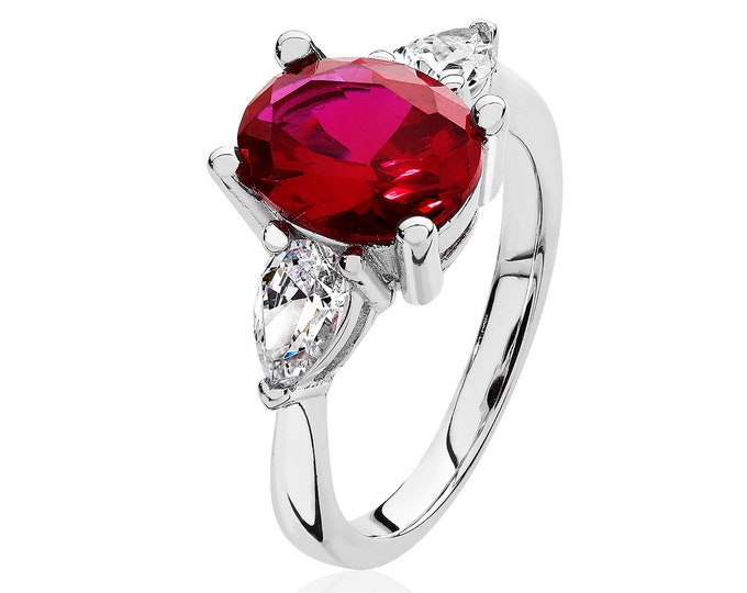 925 Sterling Silver 3 Stone 10x8mm Red Cz Oval & 6x4mm Pear Cz Engagement Ring